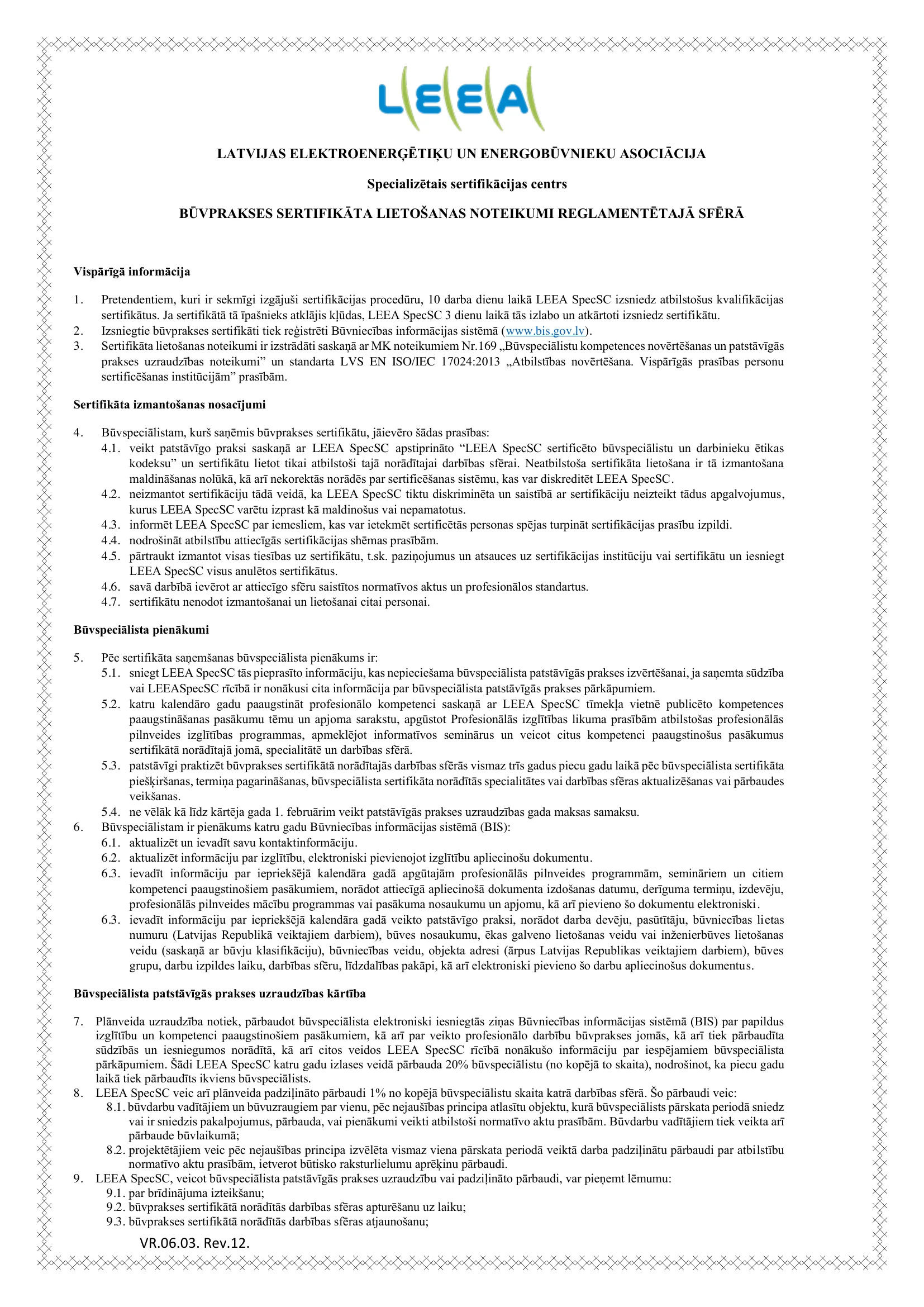 Sertifikāta lietošanas noteikumi — lapa 1/2